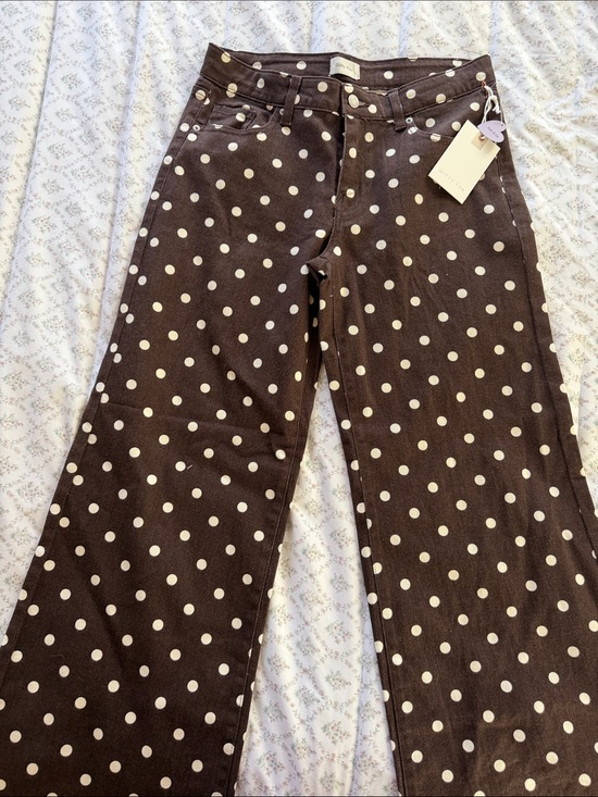 Denim - Polka Dot Wide Leg Pants - Brown with Cream Dots